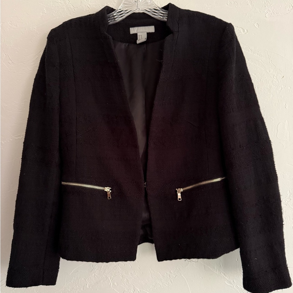 H&M Black Bouclé Blazer Gold Zippers US Size 12